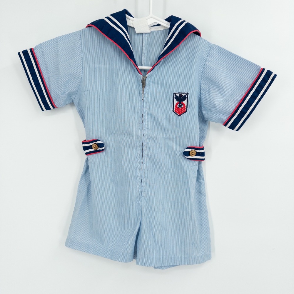 Vintage 1970s Toddler Sailor Romper Blue Zip Front 3T‎ Navy Military Nautical